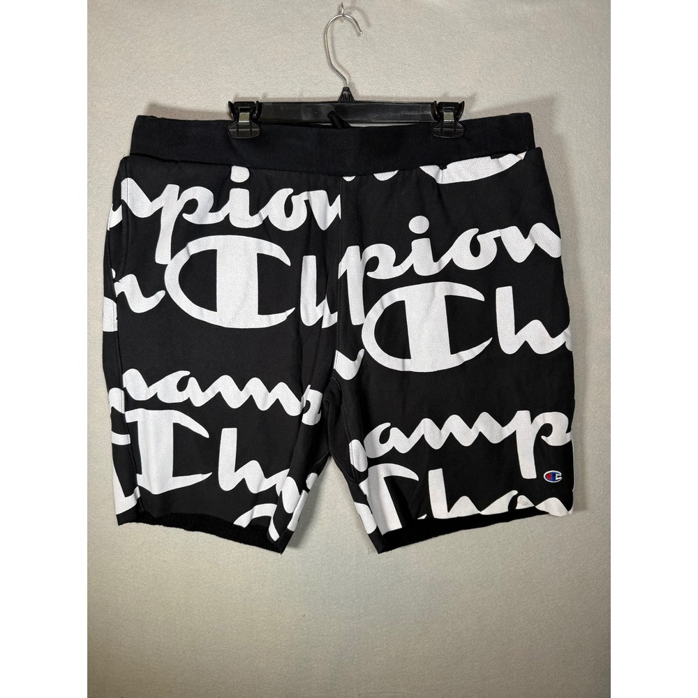 Champion LIFE Reverse Weave Shorts Mens 3XL Black All Over Script Logo Print